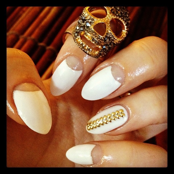 White Halfmoon Nails With Gold Studs Design Nail Art