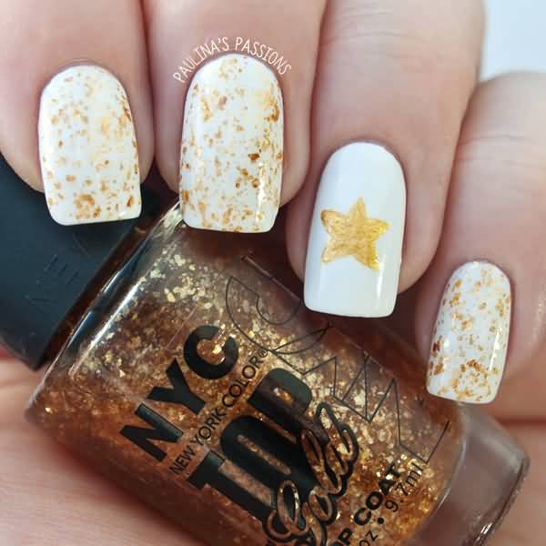 White Nails And Gold Star Design Nail Art