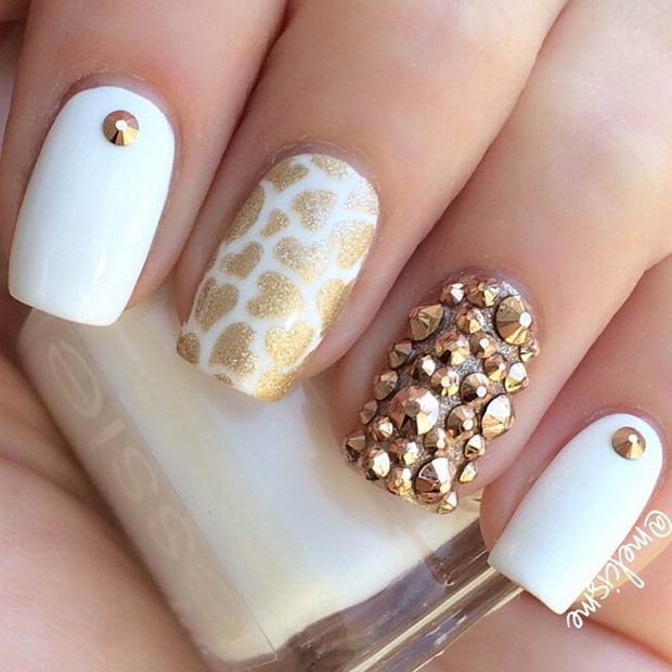 White Nails With Gold Hearts And Studded Design Nail Art