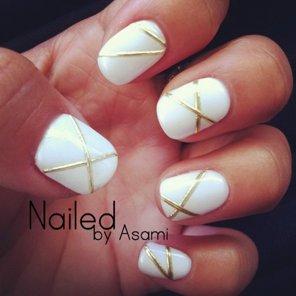 White Nails With Gold Lines Design Nail Art