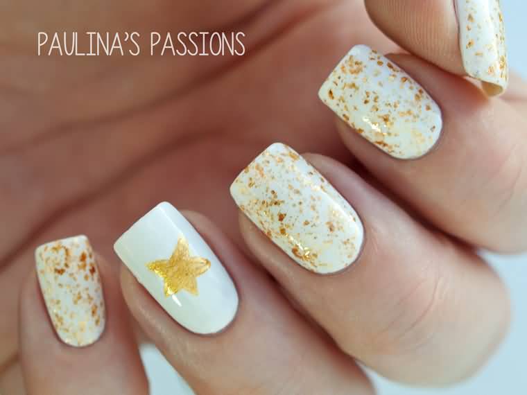 White Nails With Gold Sparkle Glitter Nail Art
