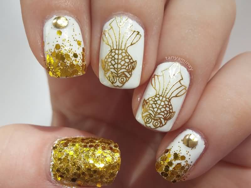 White Nails With Gold Stamping Design Nail Art Idea