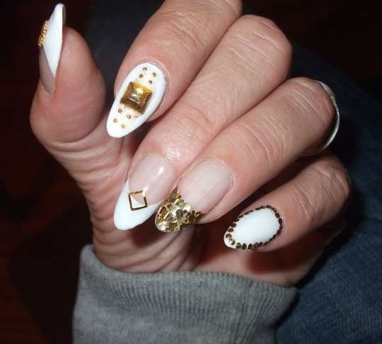 White Nails With Gold Stud Design Nail Art