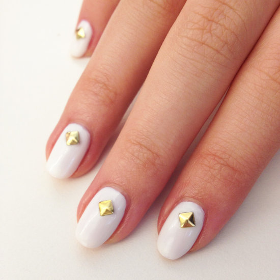 White Nails With Gold Studs Design Nail Art
