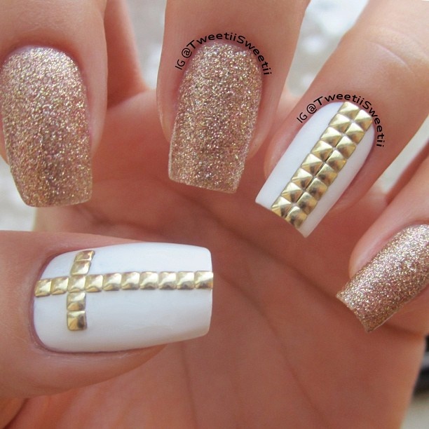 White Nails With Gold Studs Nail Art