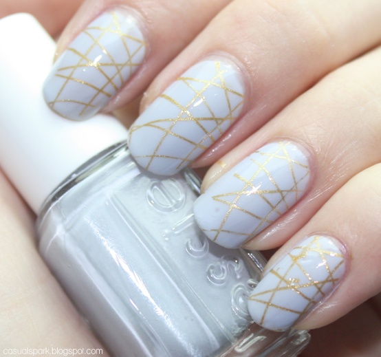White Nails With Golden Lines Design Nail Art