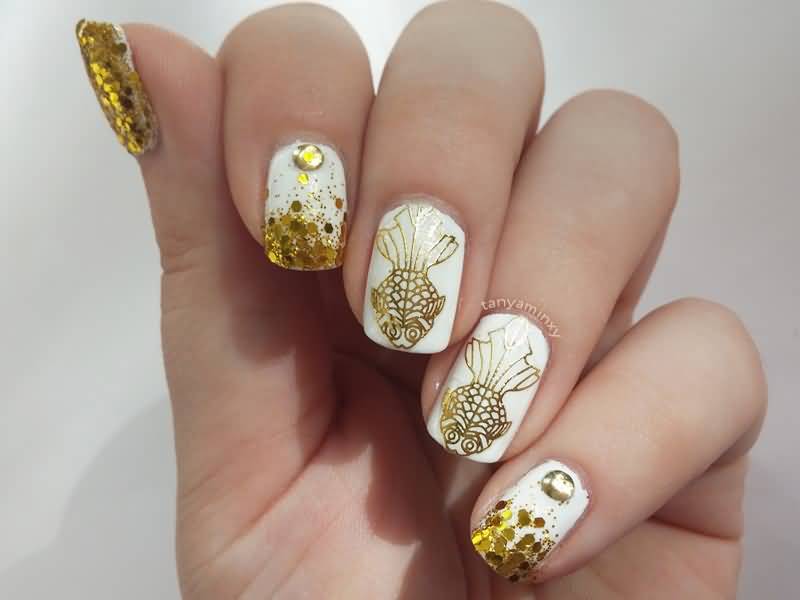 White Nails With Golden Stamping Design Nail Art