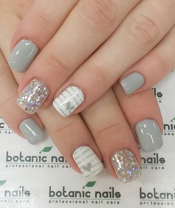 White Nails With Gray Heart Design Nail Art