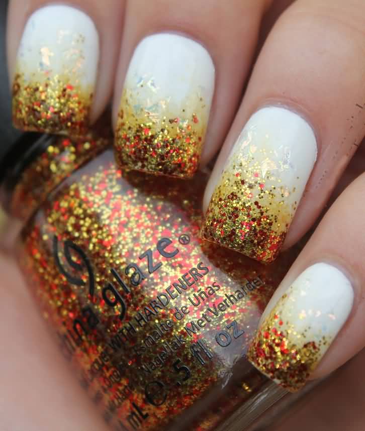 White Nails With Red And Gold Glitter Nail Art