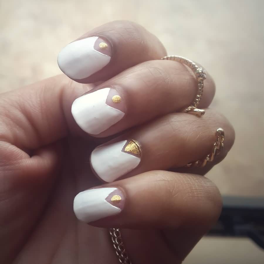 White Negative Space With Gold Dots Design Nail Art