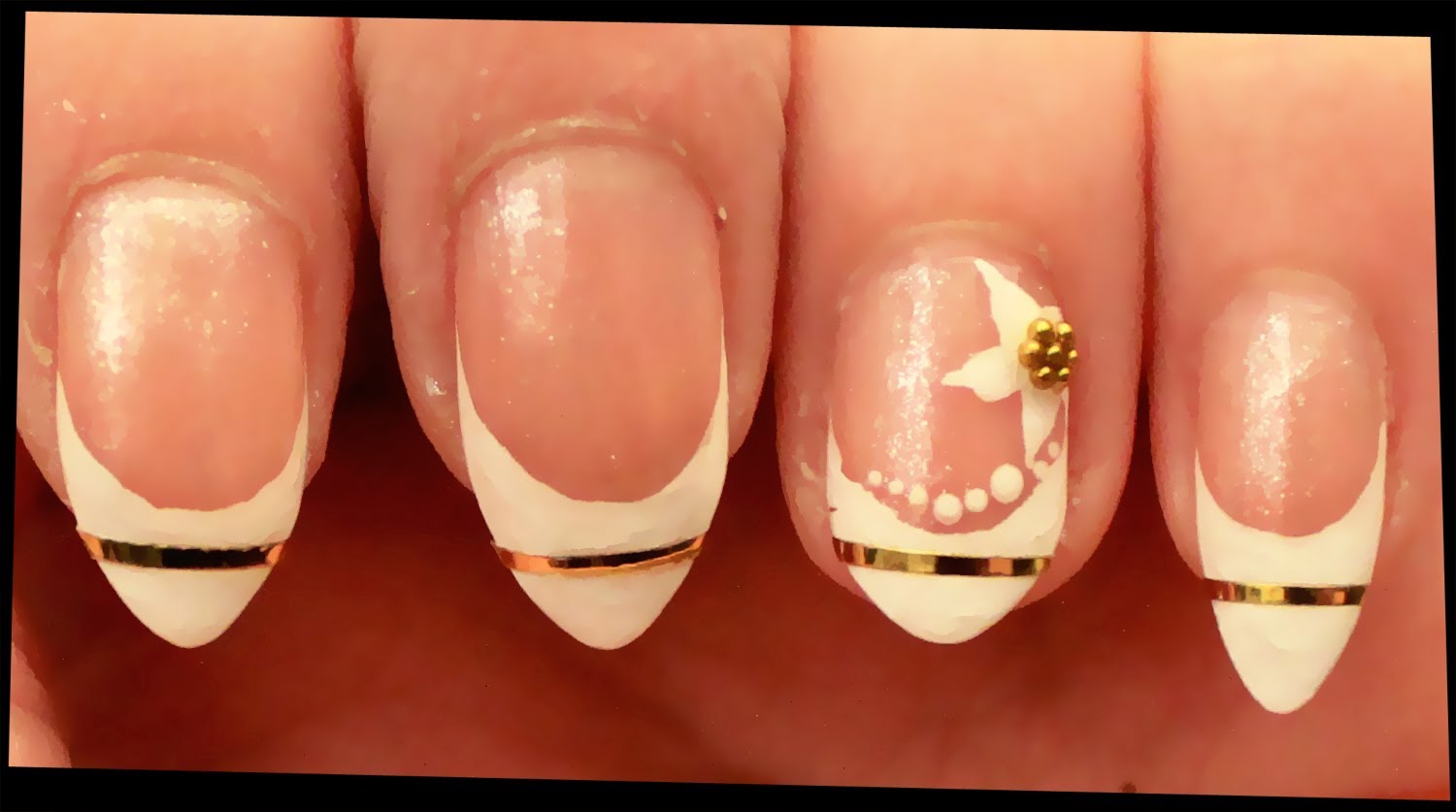 White Negative Space With Gold Striping Tape And Caviar Beads Design Nail Art