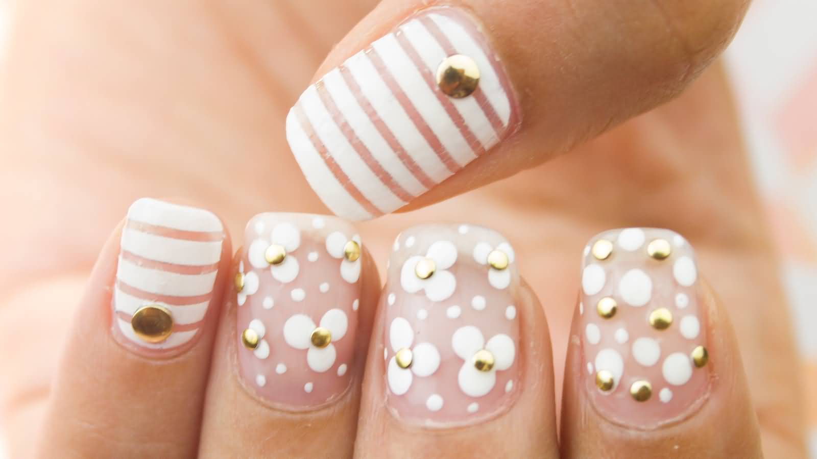 White Stripes And Gold Studs Floral Nail Art