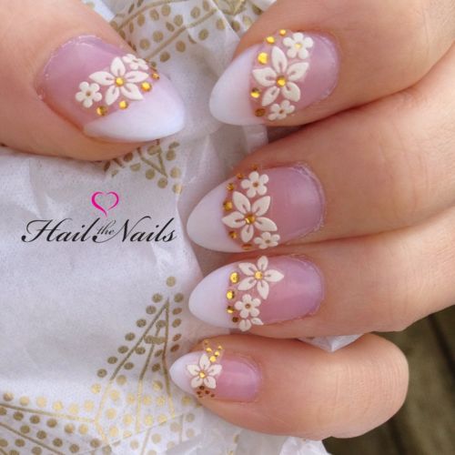 White Tip And Gold Rhinestones With Flowers Nail Art