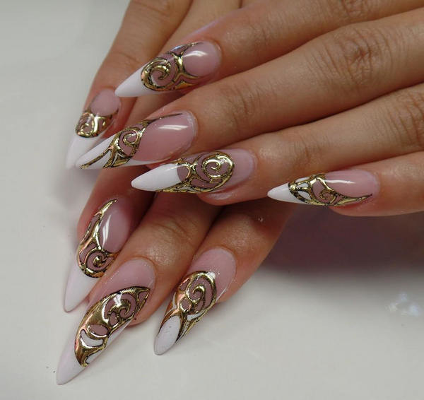 White Tip Long Nails With Gold Spiral Design Nail Art