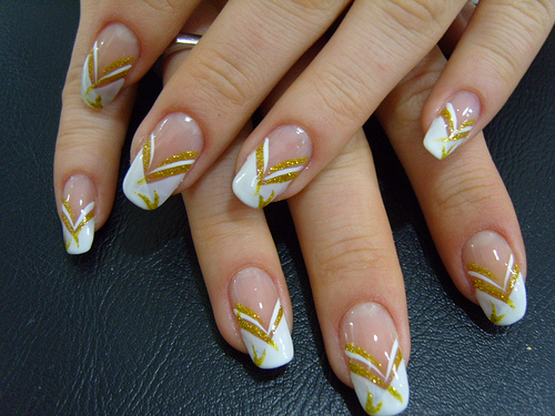 White Tip Nails With Gold Glitter Strip Design Nail Art