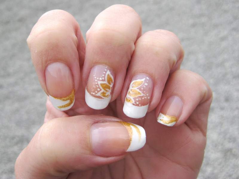 White Tip Nails With Golden Flowers Nail Art