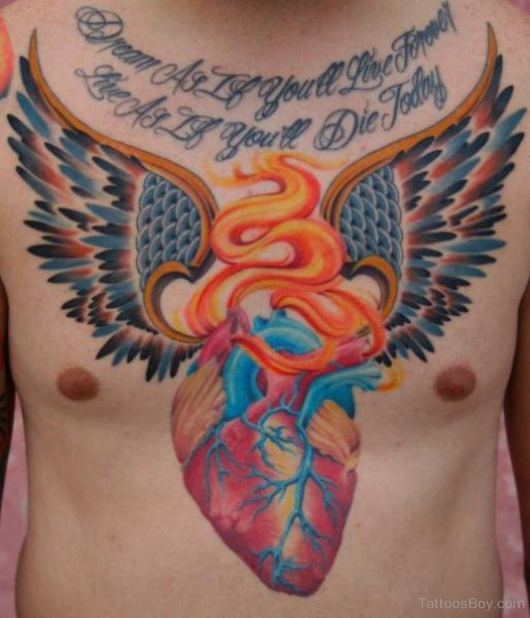 Wings And Heart Flame Tattoo On Chest For Men