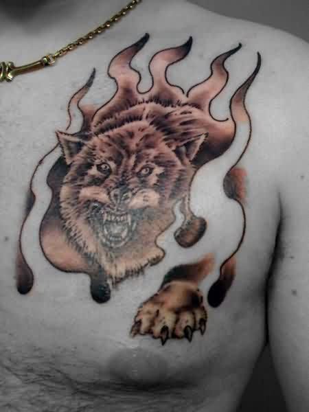 Wolf Fire And Flame Tattoo On Chest For Men