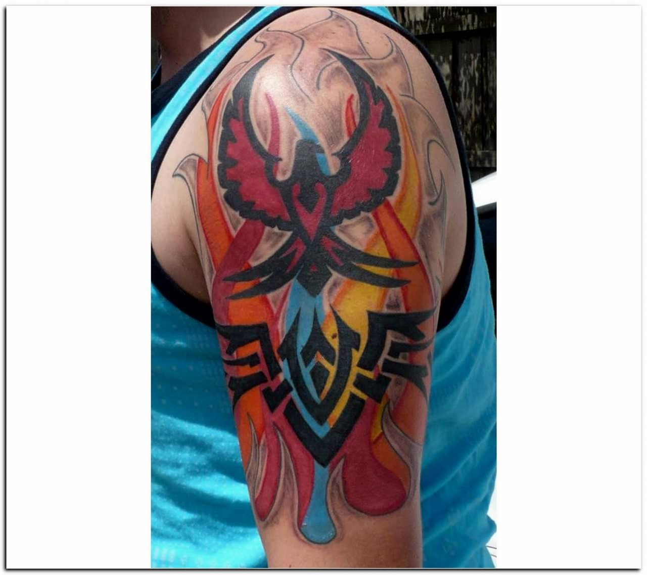 Wonderful Fire And Flame Bird Tattoo On Half Sleeve