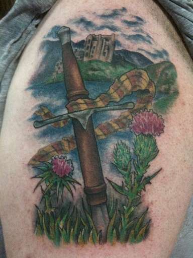Wonderful Scottish Theme Tattoo On Right shoulder
