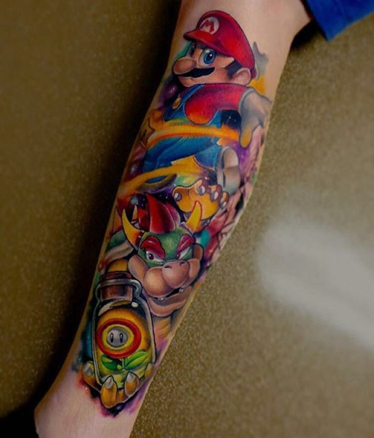 Wonderful Super Mario Leg Tattoo By Steven Compton