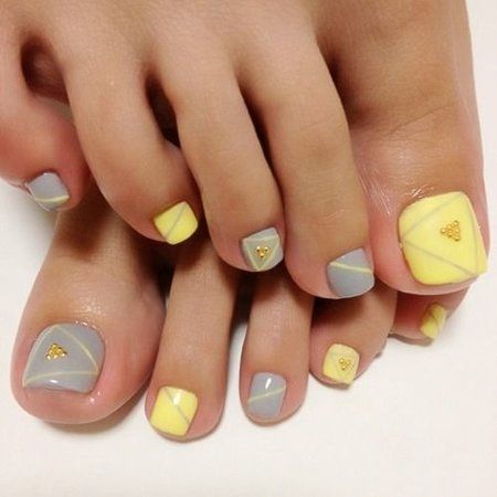 Yellow And Gray Toe Nail Art With Gold Caviar Beads Design