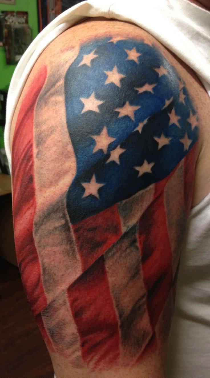3D American Flag Tattoo On Shoulder