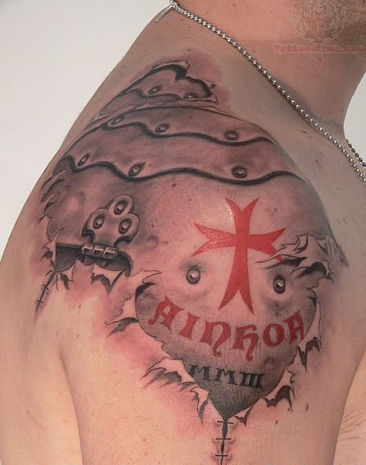 3D Armor Of God Tattoo On Shoulder