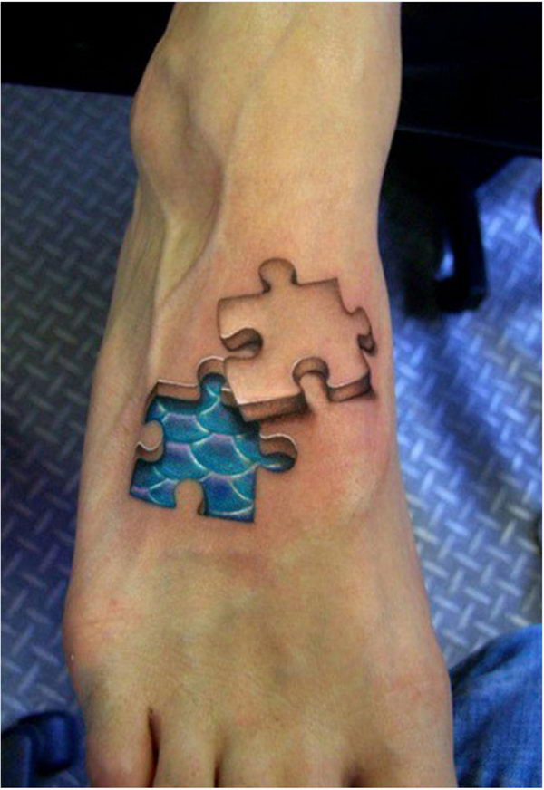 3D Puzzle Piece On Foot Tattoo