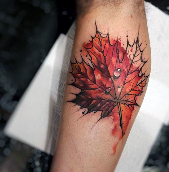 3D Realistic Water Drop On Maple Leaf Tattoo On Arm Sleeve