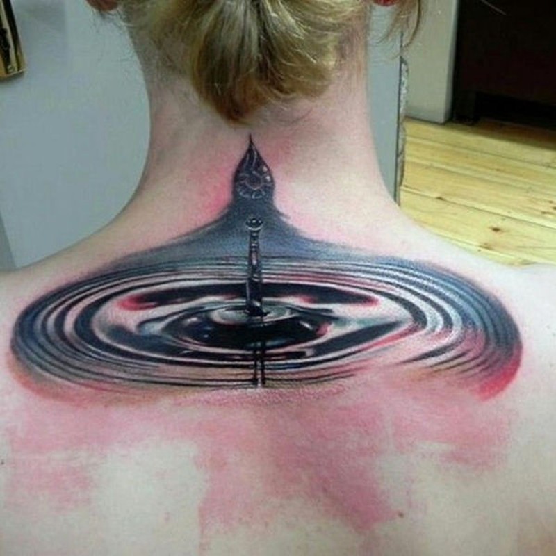 3D Realistic Water Drop Tattoo On Upper Back For Girls