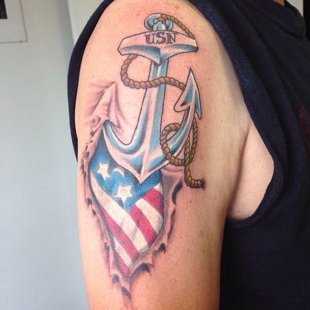 3D US Flag With Navy Sailor Tattoo On Right Shoulder