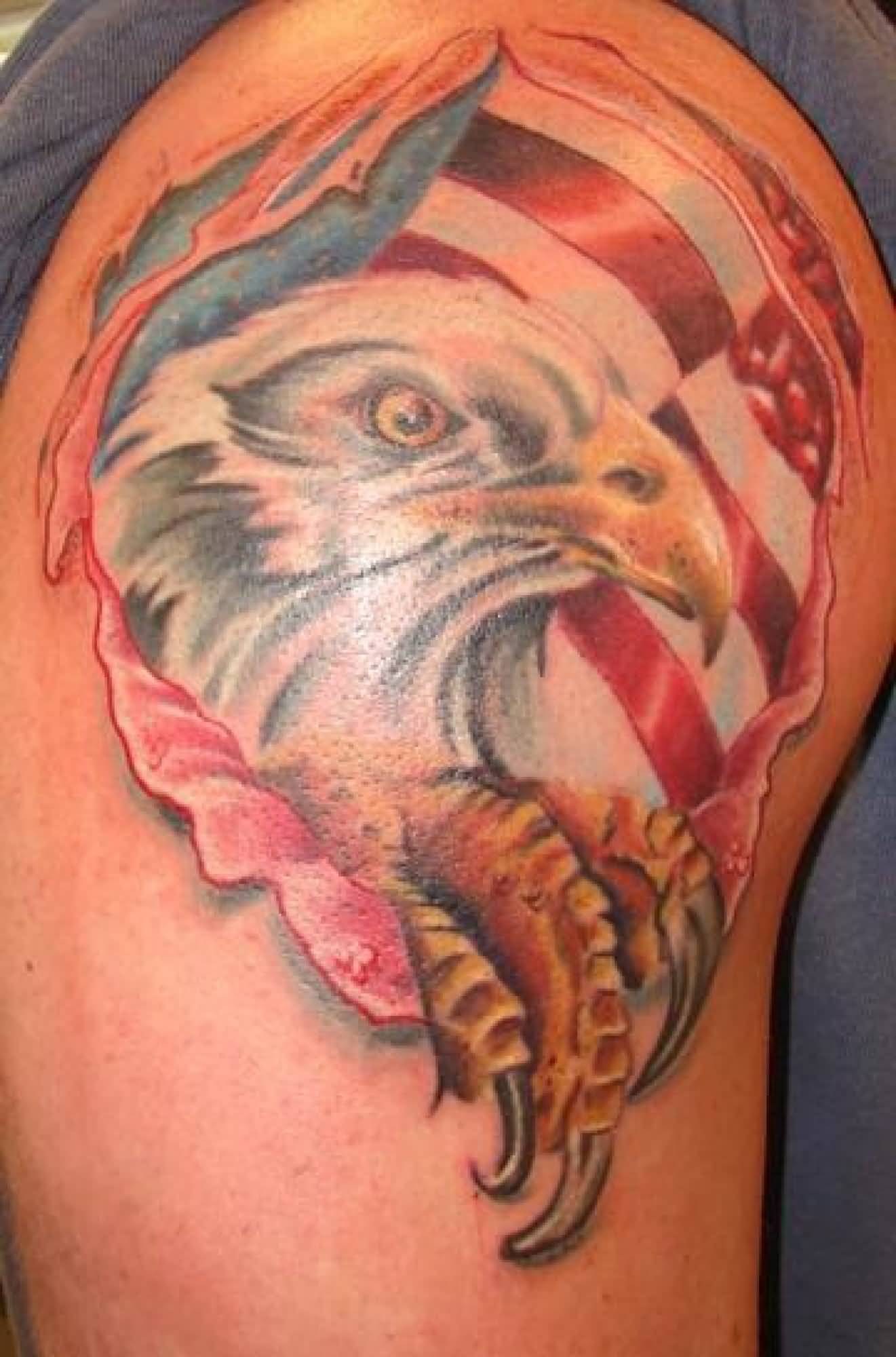 3D Us Flag Eagle Ripped Skin Tattoo On Shoulder