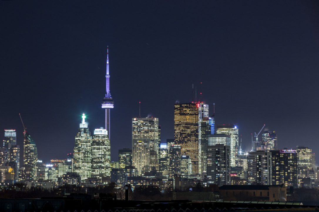 A View Of The Toronto Skyline And CN Tower Lit Up At Night