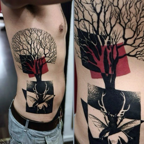 Abstract Tree Rib Cage Tattoo For Men