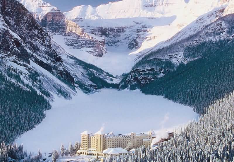 Aerial View Of Frozen Lake Louise In Winter
