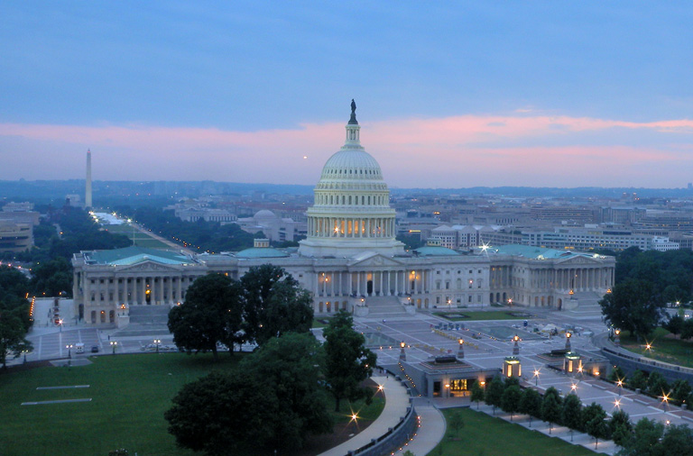 Aerial View Of United States Capitol During Sunset