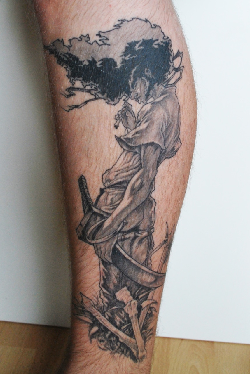 Afro Samurai Anime Tattoo On Leg
