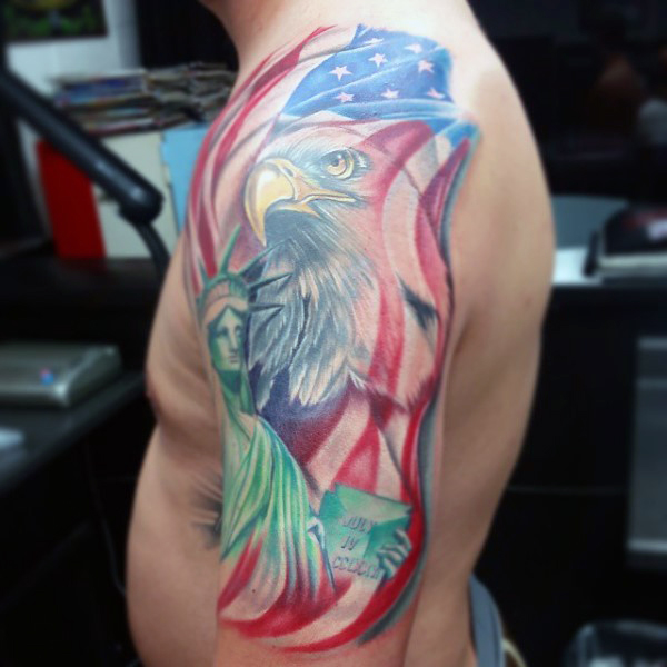 Amazing America Patriotic Tattoo On Man Half Sleeve