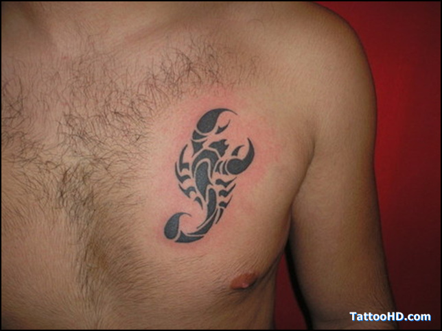Amazing Black Ink Scorpio Tattoo On Man Chest