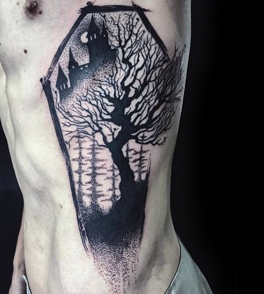 Amazing Haunted Castle With Tree Tattoo On Rib Cage