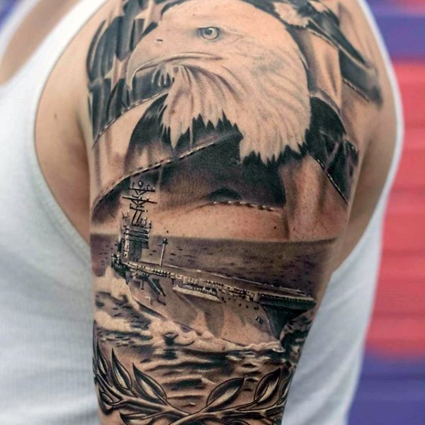 Amazing Patriotic US Navy Tattoo On Half Sleeve