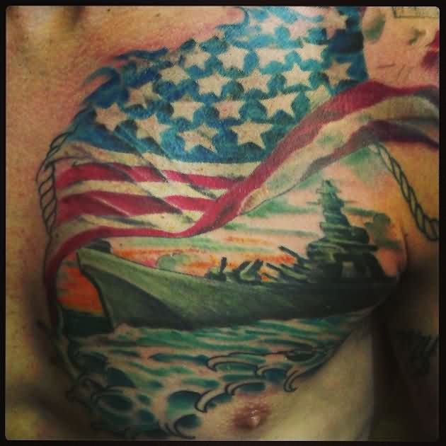 American Flag And Navy Ship Tattoo On Chest