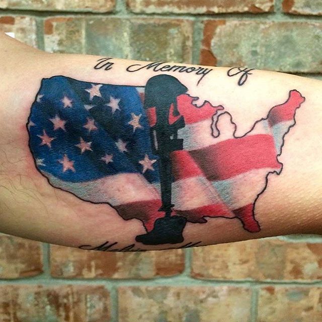 American Flag Map Memorial Army Tattoo On Biceps
