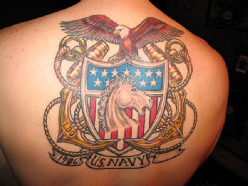 American Flag Shield Navy Logo Tattoo On Upper Back