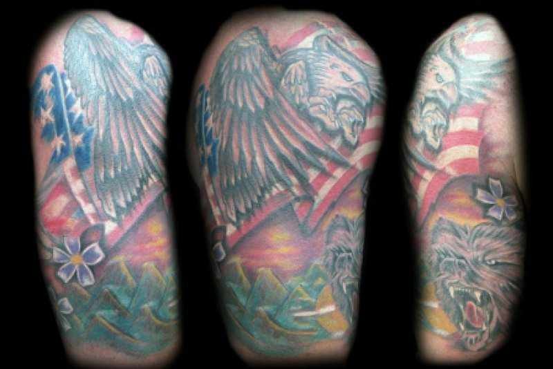 American Native Patriotic Tattoo On Half Sleeve