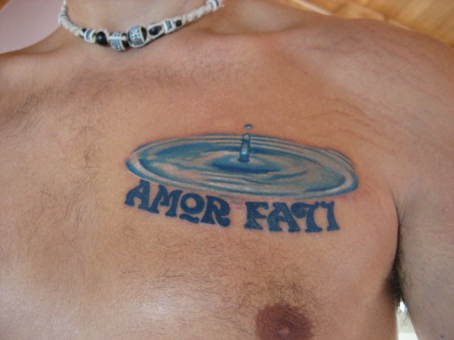 Amor Fati Water Drop Tattoo On Chest For Men