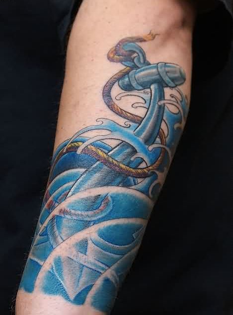 Anchor In Water Tattoo On Arm Sleeve
