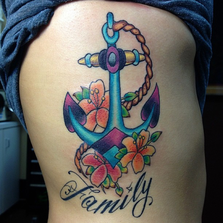 Anchor With Flowers Tattoo On Rib Cage