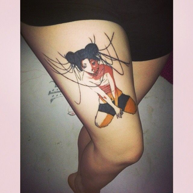 Anime Girl Tattoo On Right Thigh